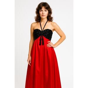 Vintage Victoria Royal Hong Kong Beaded Halter Gown Red Black Tassel Dress Small